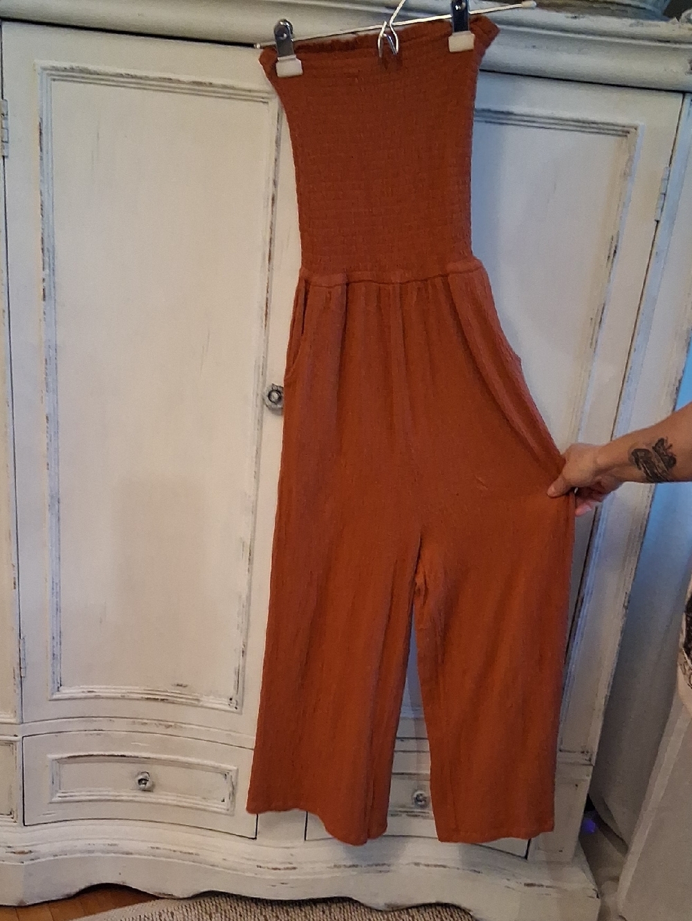 Strapless Rust Wide-Leg Smocked Jumpsuit